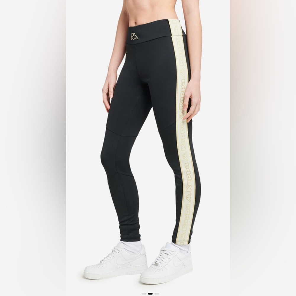 KAPPA Logo Tape Eva Women's Black Leggings with Cream Stripe Size Small